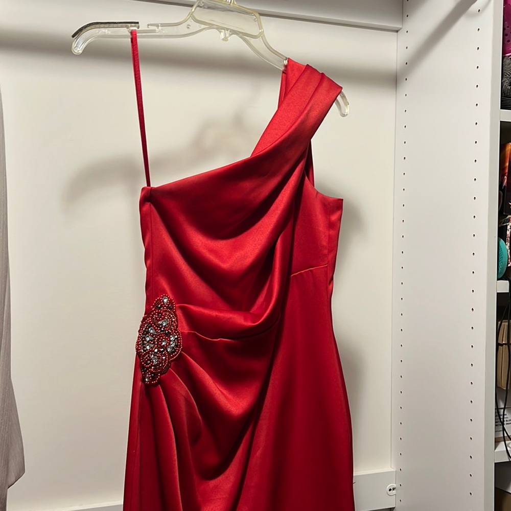 Eliza J One-Shoulder Red Satin Evening Dress with Beaded Detail